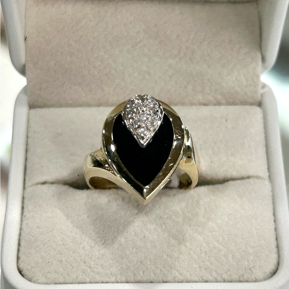 14K Yellow Gold Black Onyx Ring with Natural Diamonds.